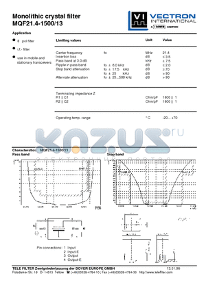 MQF21.4-1500-13 datasheet - Monolithic crystal filter