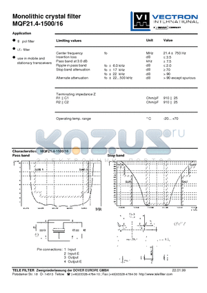 MQF21.4-1500-16 datasheet - Monolithic crystal filter