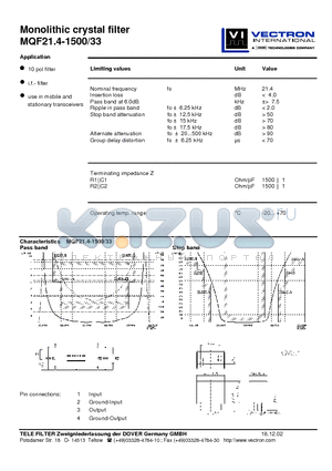 MQF21.4-1500-33_02 datasheet - Monolithic crystal filter