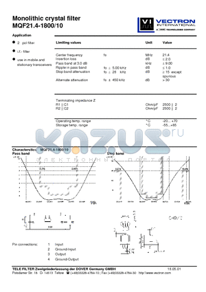 MQF21.4-1800-10 datasheet - Monolithic crystal filter