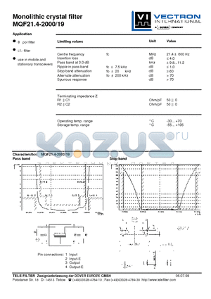 MQF21.4-2000-19 datasheet - Monolithic crystal filter