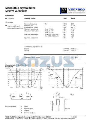 MQF21.4-3000-01 datasheet - Monolithic crystal filter