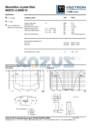 MQF21.4-3000-14 datasheet - Monolithic crystal filter