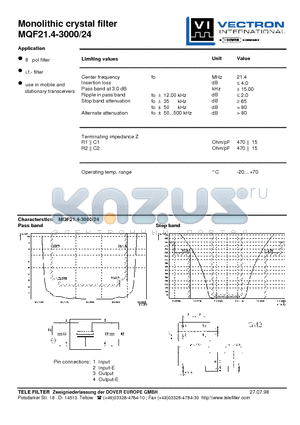 MQF21.4-3000-24 datasheet - Monolithic crystal filter