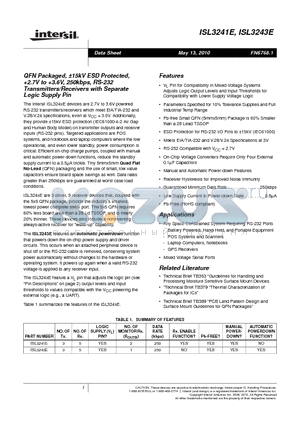ISL3241EIRZ datasheet - QFN Packaged, a15kV ESD Protected, 2.7V to 3.6V, 250kbps, RS-232 Transmitters/Receivers with Separate Logic Supply Pin