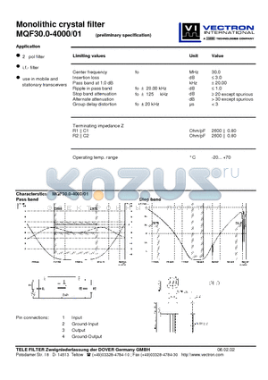 MQF30.0-4000-01 datasheet - Monolithic crystal filter