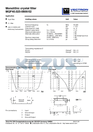 MQF40.025-0800-02 datasheet - Monolithic crystal filter