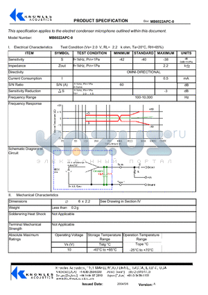 MB6022APC-0 datasheet - Electrical Characteristics Test Condition (Vs= 2 . 0 V, RL= 2 . 2 k ohm, Ta=20`C, RH=65%)