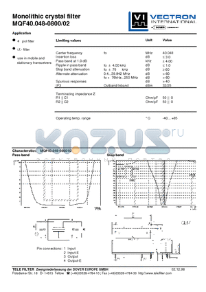 MQF40.048-0800-02 datasheet - Monolithic crystal filter