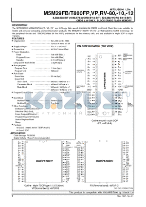 M5M29FT800FP-10 datasheet - 8,388,608-BIT (1048,576-WORD BY 8-BIT / 524,288-WORD BY16-BIT) CMOS 3.3V-ONLY, BLOCK ERASE FLASH MEMORY