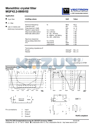 MQF42.2-0800-02 datasheet - Monolithic crystal filter