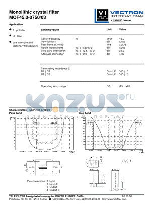 MQF45.0-0750-03 datasheet - Monolithic crystal filter