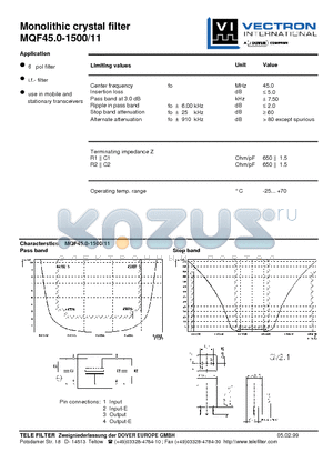 MQF45-0-1500-11 datasheet - Monolithic crystal filter