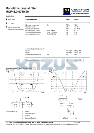 MQF45.0-0750-20_04 datasheet - Monolithic crystal filter