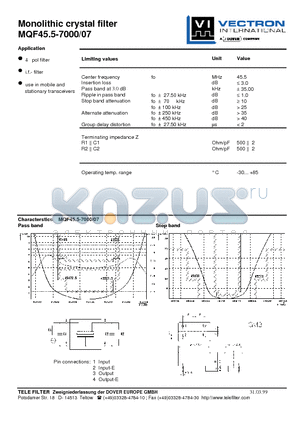 MQF45.5-7000-07 datasheet - Monolithic crystal filter