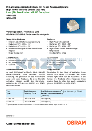 Q65110A2464 datasheet - IR-Lumineszenzdiode (850 nm) mit hoher Ausgangsleistung