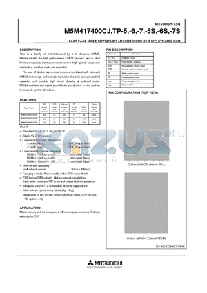 M5M417400CJ-5S datasheet - FAST PAGE MODE 16777216-BIT (4194304-WORD BY 4-BIT) DYNAMIC RAM