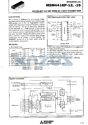 M5M4416P-12 datasheet - 65,536-BIT (16,384-WORD BY 4-BIT) DYNAMIC RAM