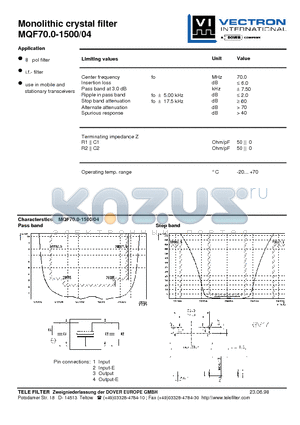 MQF70.0-1500-04 datasheet - Monolithic crystal filter