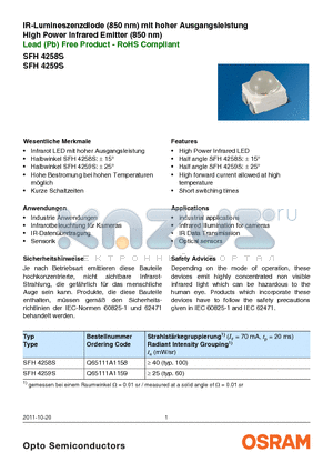 Q65111A1158 datasheet - IR-Lumineszenzdiode (850 nm) mit hoher Ausgangsleistung