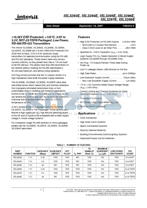 ISL3294EFHZ-T datasheet - a16.5kV ESD Protected, 125`C, 3.0V to 5.5V, SOT-23/TDFN Packaged, Low Power, RS-485/RS-422 Transmitters