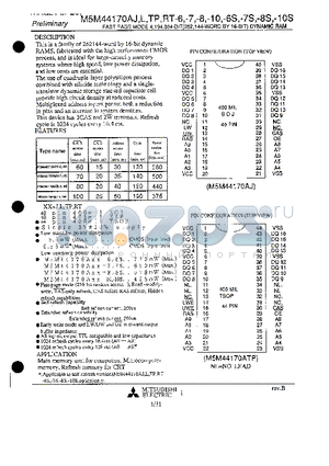 M5M44170-10 datasheet - FAST PAGE MODE 4,194,304-BIT (262,144-WORD BY 16-BIT) DYNAMIC RAM