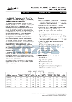 ISL3294EIHZ-T datasheet - a16.5kV ESD Protected, 125`C, 3.0V to 5.5V, SOT-23/TDFN Packaged, Low Power, RS-485/RS-422 Transmitters