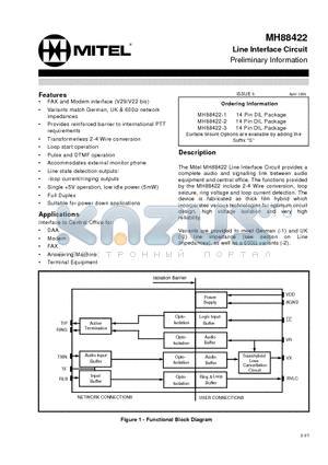 MH88422-2 datasheet - Line Interface Circuit Preliminary Information