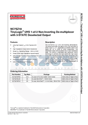 NC7SZ18FHX_11 datasheet - TinyLogic^ UHS 1-of-2 Non-Inverting De-multiplexer with 3-STATE Deselected Output
