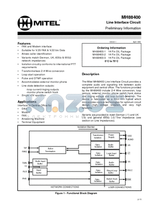 MH88400 datasheet - Line Interface Circuit Preliminary Information