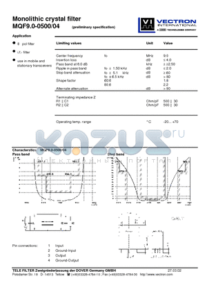 MQF9.0-0500-04 datasheet - Monolithic crystal filter