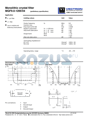 MQF9.0-1200-04 datasheet - Monolithic crystal filter