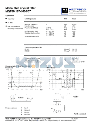 MQF80.167-1000-07 datasheet - Monolithic crystal filter