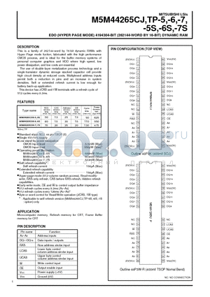 M5M44265CJ-7S datasheet - EDO (HYPER PAGE MODE) 4194304-BIT (262144-WORD BY 16-BIT) DYNAMIC RAM