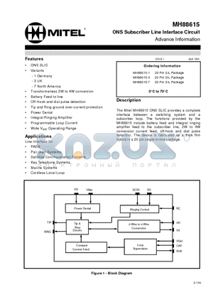 MH88615 datasheet - ONS Subscriber Line Interface Circuit Advance Information