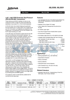 ISL3331IRZ-T datasheet - 3.3V, a15kV ESD Protected, Dual Protocol RS-232/RS-485 Transceivers