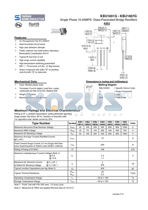 KBU1002G datasheet - Single Phase 10.0AMPS. Glass Passivated Bridge Rectifiers