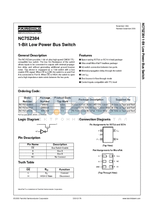 NC7SZ384L6X datasheet - 1-Bit Low Power Bus Switch