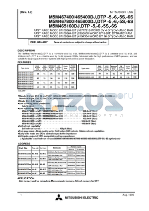 M5M465160DTP-6 datasheet - FAST PAGE MODE 67108864-BIT (16777216-WORD BY 4-BIT) DYNAMIC RAM