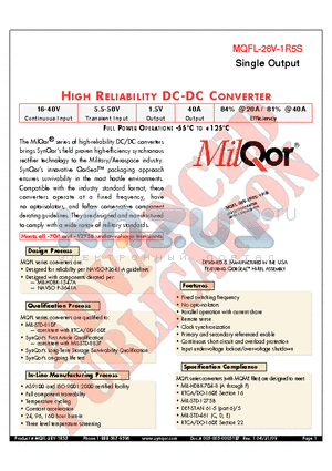 MQFL-28V-1R5S-Y-ES datasheet - HIGH RELIABILITY DC-DC CONVERTER