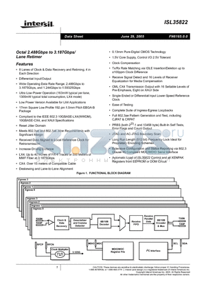 ISL35822LP datasheet - Octal 2.488Gbps to 3.187Gbps/ Lane Retimer