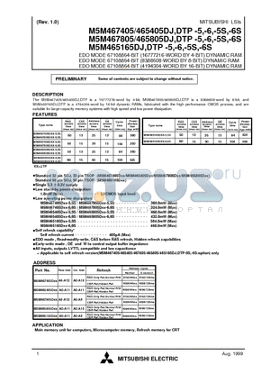 M5M465165DTP-5 datasheet - EDO MODE 67108864-BIT (16777216-WORD BY 4-BIT) DYNAMIC RAM