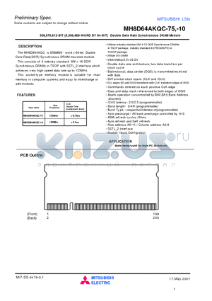 MH8D64AKQC-10 datasheet - 536,870,912-BIT (8,388,608-WORD BY 64-BIT) Double Data Rate Synchronous DRAM Module