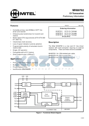 MH89792-1 datasheet - E1 Transceiver Preliminary Information