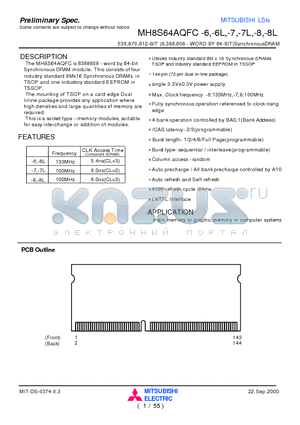 MH8S64AQFC-6L datasheet - 536,870,912-BIT (8,388,608 - WORD BY 64-BIT)SynchronousDRAM