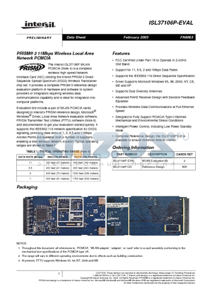 ISL37106P-EVAL datasheet - PRISM 3 11Mbps Wireless Local Area Network PCMCIA