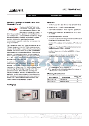 ISL37300P-EVAL datasheet - PRISM 2.5 11Mbps Wireless Local Area Network PC Card