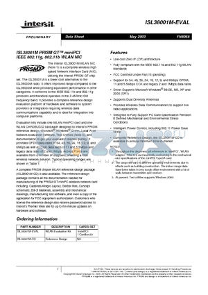 ISL38001M-CD datasheet - ISL38001M PRISM GT miniPCI IEEE 802.11g, 802.11b WLAN NIC