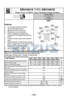 KBU1006G datasheet - Single Phase 10 AMPS. Glass Passivated Bridge Rectifiers