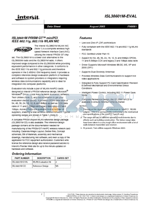 ISL38601M-CD datasheet - ISL38601M PRISM GT miniPCI IEEE 802.11g, 802.11b WLAN NIC